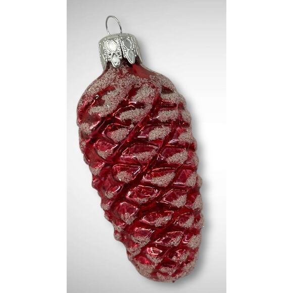 Vintage West Germany Red Glass Pinecone Christmas Ornament – Frosted Snow Finish - Picture 3 of 3